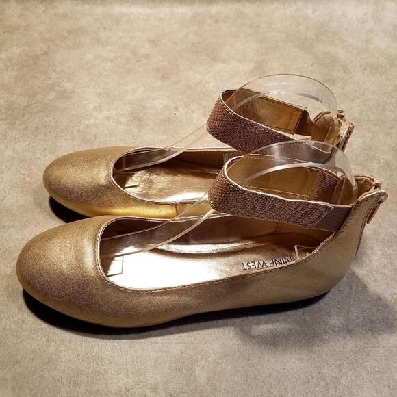 Nine West Womens Floycee Size 5 Gold Slip On Ankle Strap Ballet Flats - Picture 4 of 10